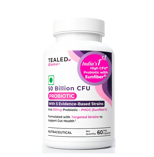 Tealed Probiotic 50 Billion CFU | 5 Targated Strains + Sunfiber® (PHGG) | Japanese Clinical Prebiotic | Supports Constipation, IBS, Immunity, Gut Health & Bloating | For Men & Women | 60 Veg Caps