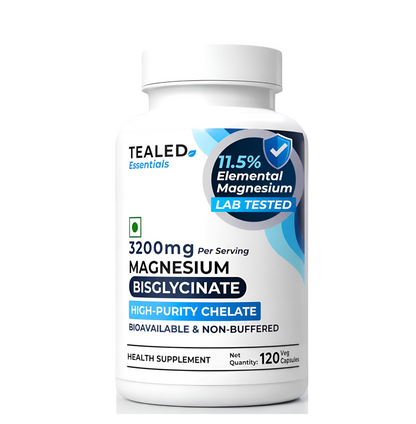 Tealed Magnesium Bisglycinate 3200mg | Non-Buffered | Chelated | Lab-Tested | Eurofins | 320mg Elemental Magnesium | No Fillers & Preservatives | Supports Muscle Relaxation & Sleep Quality | 120 Veg Caps