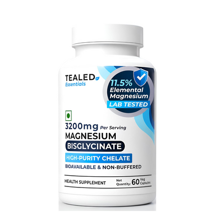 Tealed Magnesium Bisglycinate 3200mg | Non-Buffered | Chelated | Lab-Tested | Eurofins | 320mg Elemental Magnesium | No Fillers & Preservatives | Supports Muscle Relaxation & Sleep Quality | 60 Veg Caps