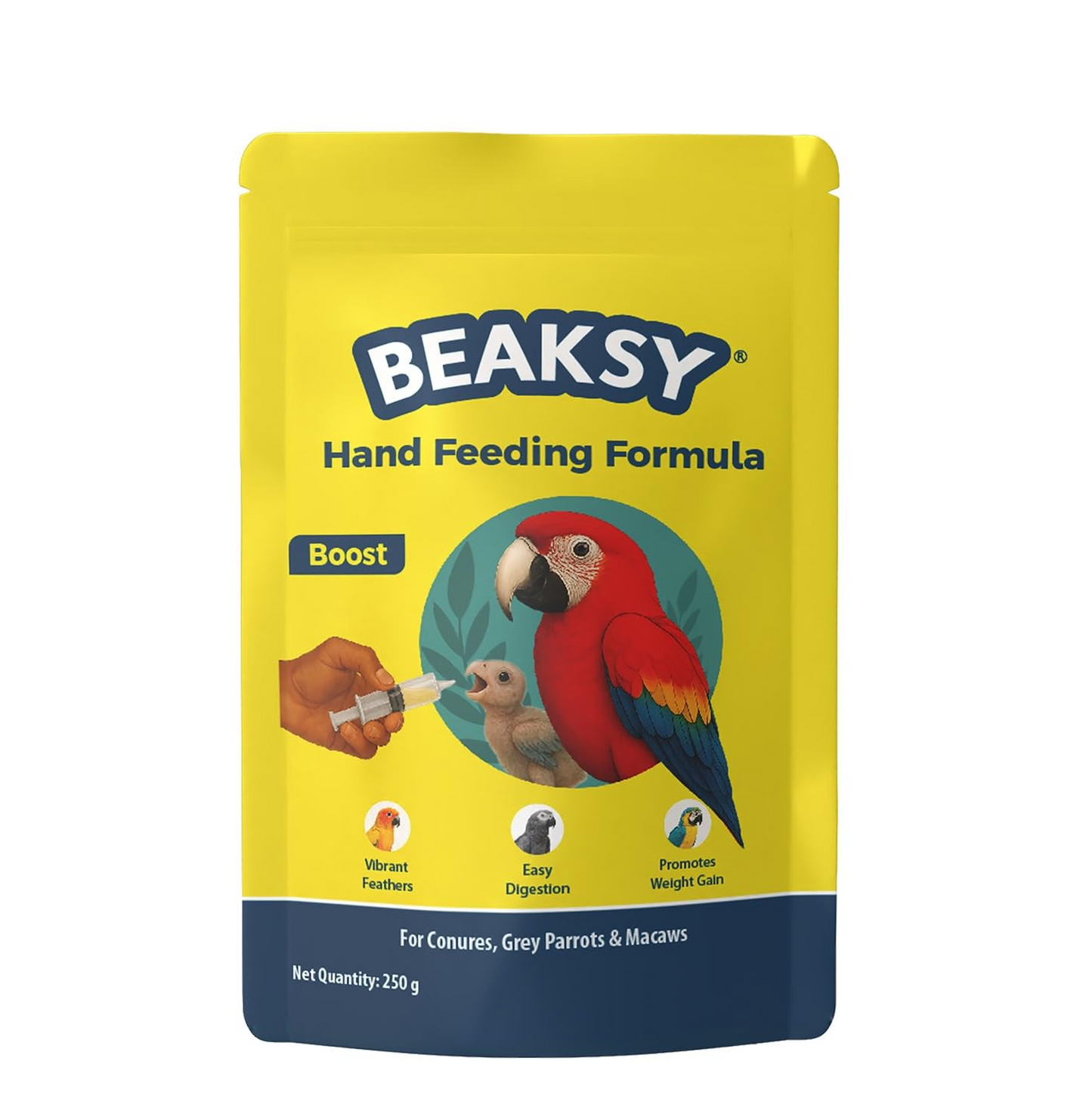 BEAKSY Boost Hand Feeding Formula for Baby Birds | for Conures, Grey Parrots & Macaws | Promotes Weight Gain, Vibrant Feathers & Easy Digestion (250gm)