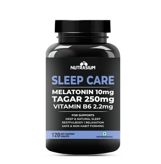Nutrasium Melatonin 10 mg Sleeping Pill with Tagar 250 mg | Sleep Supplement for Men & Women | Melatonin Tablet for Restful & Deep Natural Sleeps | Sleep Care Tablets 120 (120 Tablets, Sleep Care)