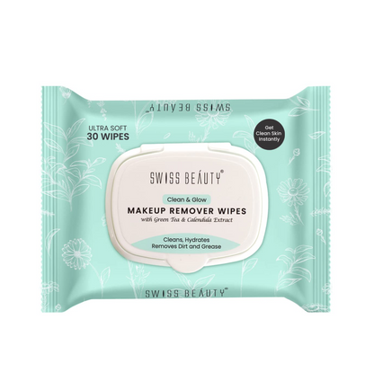 Swiss Beauty Clean & Glow Makeup Remover Wipes | With Green Tea And Calendula Extracts| Cleansing And Hydrating Facial Wipes| 30 Wipes