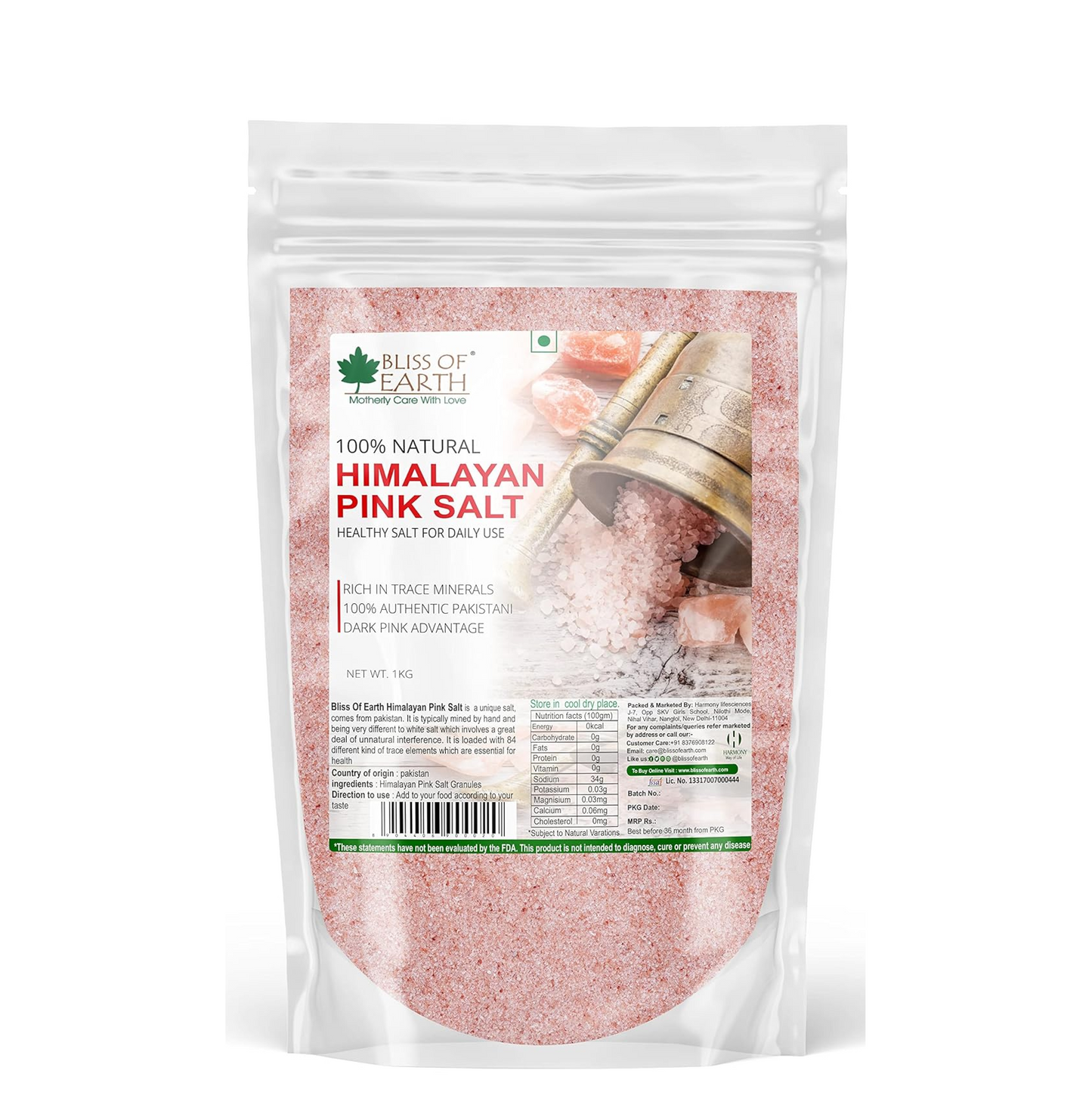Bliss of Earth 1KG Pure Reguler Pakistani Himalayan Pink Salt Refill Pack Non Iodised for weight loss & Healthy Cooking, Natural Substitute of White Salt