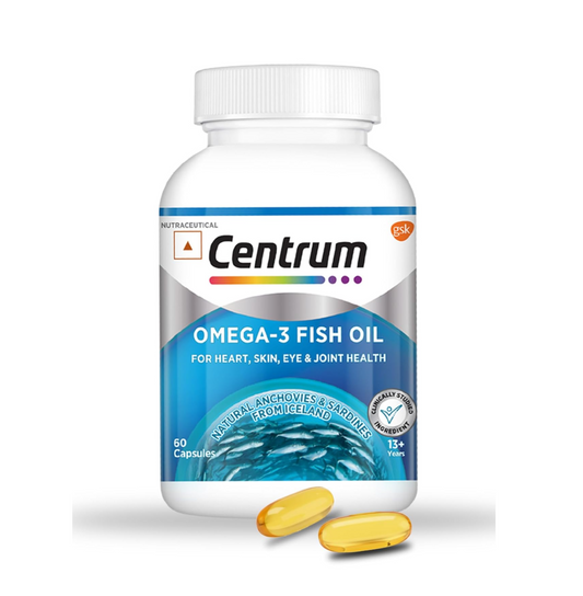 Centrum Omega 3 Fish Oil Capsules 1000mg Supplements | Omega 3 with 180mg EPA, 120mg DHA for Hair and Skin Health, Joint Health, Brain Health | No Fishy Aftertaste - 60 Capsules