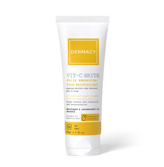 Dermacy Vit - C Brite Daily Aquasurge Face Moisturiser | Restores Skin Hydration and Moisturisation | 20% Stabilized Vitamin - C Complex + 100% Pure Hyaluronic Acid + ThermoActiv Spring Water | Suitable for All Skin Types | 50g