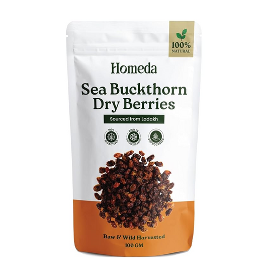 Homeda Sea Buckthorn Berry Dry (100g) Organic Seabuckthorn Berries Original Dried - With Vitamins, Antioxidants, Omega 3 6 7 & 9 | Himalyan See Buck Thorn Plant | Pure Leh Seabuck Berry