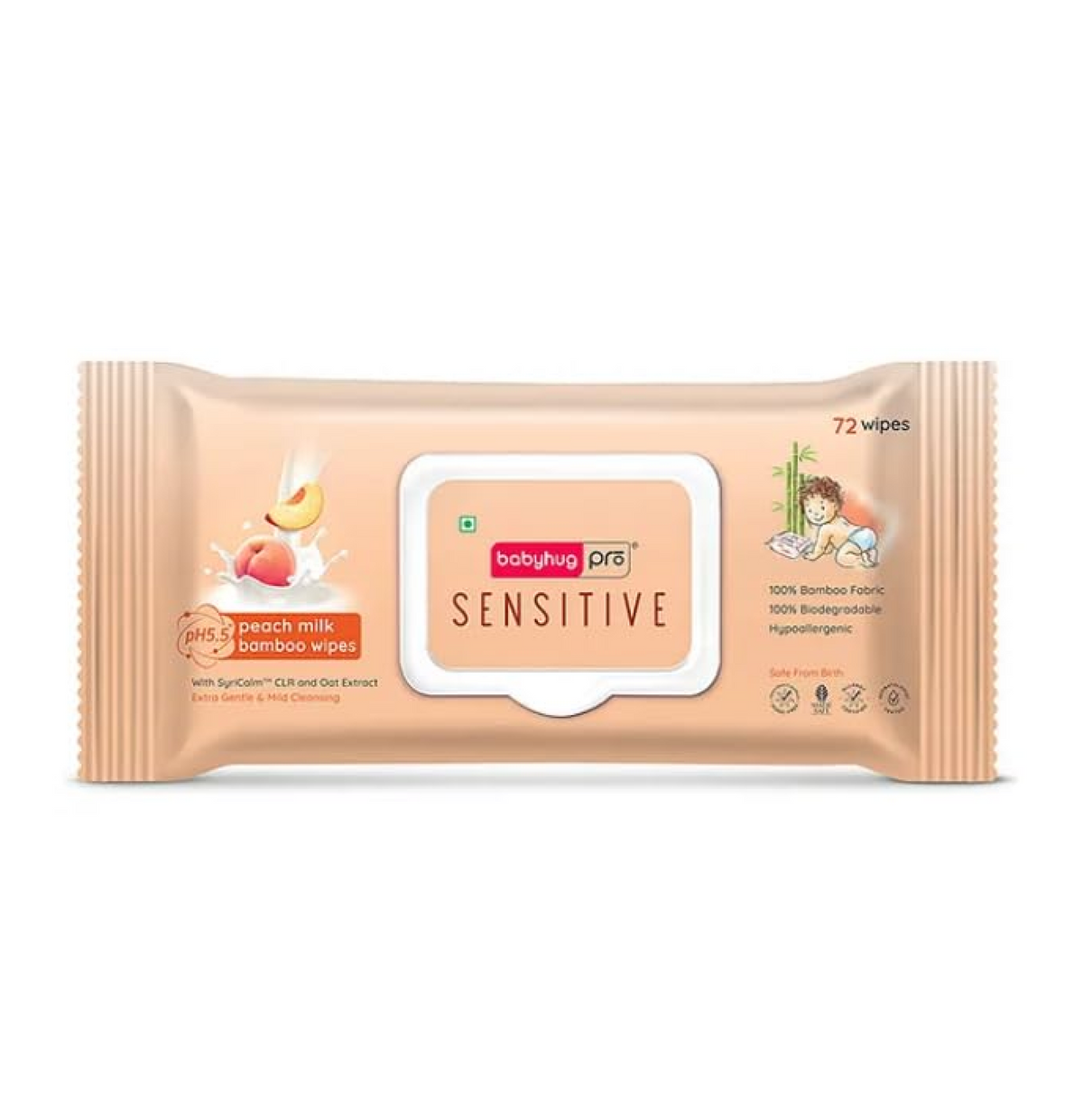 Babyhug Pro Sensitive pH 5.5 Peach Milk Bamboo Wipes - 72 Wipes