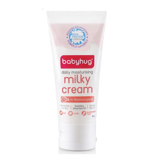 Babyhug Milk Protein Formula Daily Full Body and Face Moisturizing Milky Cream Ideal for Newborn Baby'S Delicate Skin - 50 g | Hydrolyzed Milk Protein, Aloe Barbadensis (Aloe Vera) Leaf Extract, Triticum Vulgare (Wheat Germ) Seed oil