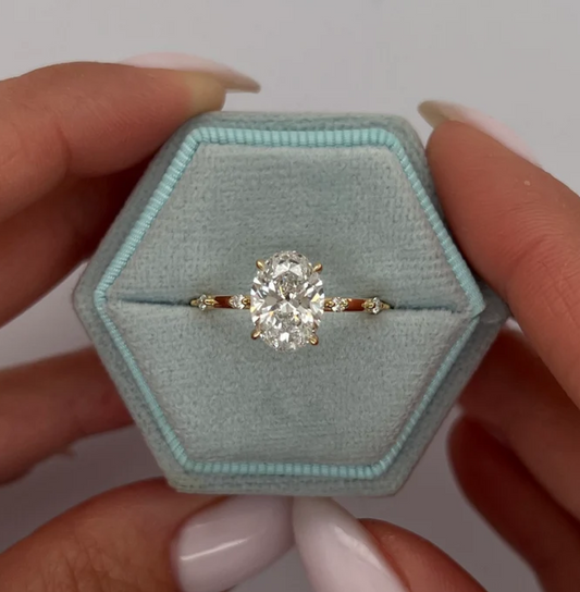 POPULAR STYLE D Color VVS2 Clarity Oval Cut Lab Grown Diamond Thin Dainty Solitaire Engagement Ring, Side Rounds 14k Gold