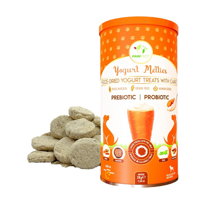 Pawfect Yogurt Melties Freeze-Dried Pre and Probiotic Dog Treats with Carrot, Flaxseed, Pea & Sweet Potato - Gut Health - Low Calories Snacks - Grain-Free - Dog Training Treats (38g/1.34oz)