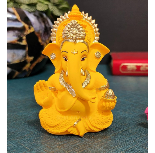 Gold Art India Yellow Mukut Ganesha - Good for Divine Home/Office Decor, Car Dashboard Idol, Housewarming Gift(Mukut Yellow Terracotta 3.5"), Idol