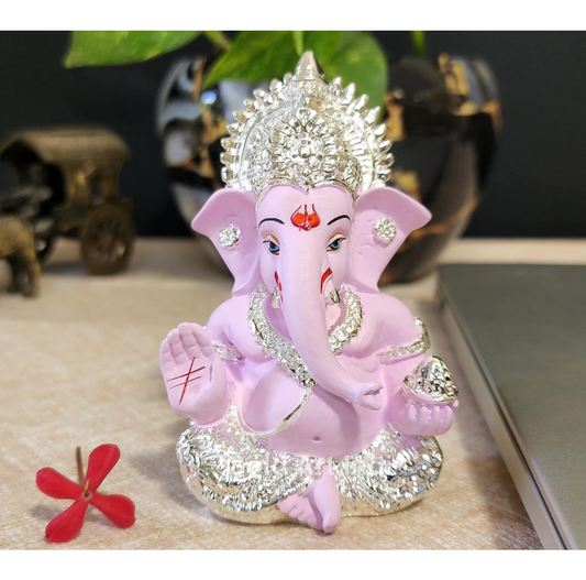 Gold Art India Gold and Silver Plated Ganesh Idol for Car Dashboard Ganesha Murti Ganpati Idol for Home Decor Puja Lord Ganesh Statue Gift for Office Desk Puja Room Figurine (Silver Pink)