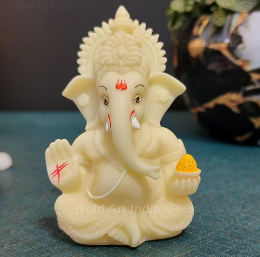 Gold Art India Ivory Ganesha Idol for Car Dashboard,Lord Ganpati Diwali Gifts, Home Decor, Office Desk, House Warming (IVORYMUKUT (Size: 3.5 x 2 inches), Ceramic, Religious