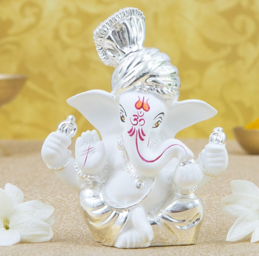 Gold Art India Silver Plated Pagdi Ganesh Idol for Car Dashboard Ganesha Murti Ganpati Idol for Home Decor Puja Lord Ganesh Statue Gift for Office Desk Ganpati Idol for Pooja Room White Figurine