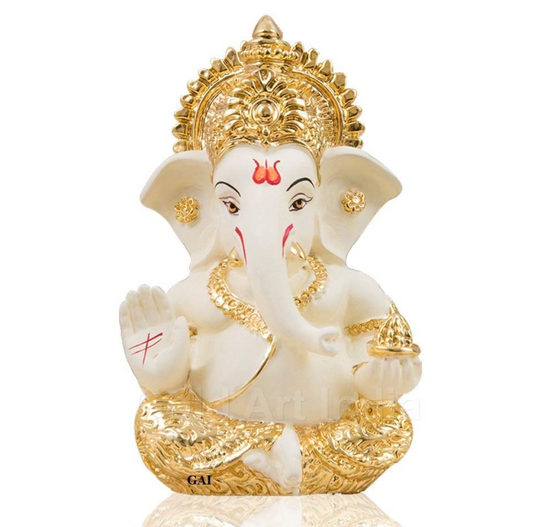 Gold Art India Ganesha Gold Plated Idol for Car Dashboard Ganesha Murti Ganpati Idol for Home Decor Puja Lord Ganesh Statue Gift for Office Desk Puja Room Figurine (Gold and Cream)