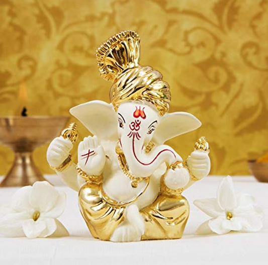 Gold Art India Ceramic Ganesh Idol For Car Dashboard Ganesha Murti Ganpati Idol For Home Decor Puja Lord Ganesh Statue Gift For Office Desk Puja Room Figurine (6x4x3cm, Gold), Religious