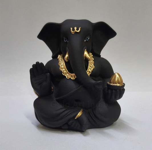 Gold Art India Black Terracotta Appu Ganesha with Gold Color Work for Car Dashboard Home Decor Gifting Diwali Birthday Festivals 3 x 2 Inches