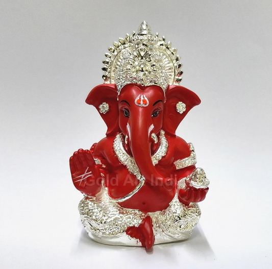 Gold Art India 999 Silver Plated Ganesh Idol for Car Dashboard God Ganesha Idol for Home Decor Ganpati for Gift 3.5 inches (Silver) (MukutSilver red), Idol