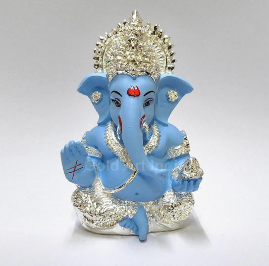 Gold Art India 999 Silver Plated Idol for Ganesh Idol for Car Dashboard God Ganesha Idol for Home Decor Ganpati for Gift 3.5 inches (Silver) (Silver Sky Blue), Idol