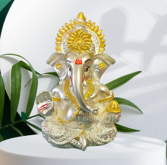 Gold Art India 999 Silver Plated Ganesha/Vinayaka/Vinayagar/Pillayar Idol Car Dashboard/Gifting/Home & Office Decor 3.5 inches (Silver) (Silver Matte), Idol