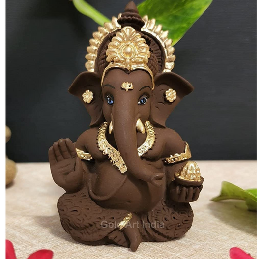 Gold Art India Brown Terracotta Idol for Ganesh Idol for Car Dashboard God Ganesha Idol for Home Decor Ganpati for Gift 3.5 inches (Brown Terracotta), Idol