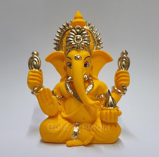 Gold Art India Handcrafted Mango Terracotta Ganesha with Golden Jewelry for Car Dashboard, Home/Office Decor, Gifting/Housewarming Gifts (4HANDGANESHAYELLOWTERRACOTTA 3.3")