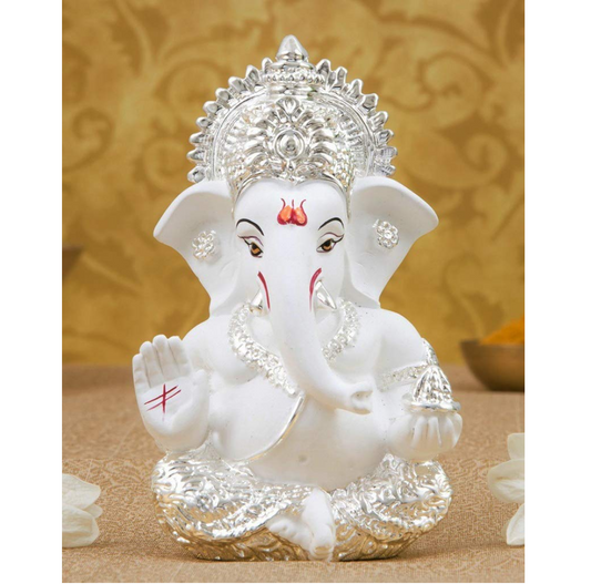 Gold Art India Silver Plated White Ganesha for Car Dashboard Home Decor Gifting Diwali Birthday Festivals 3.5 x 2 Inches