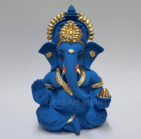Gold Art India Blue Terracotta Ganesh Idol for Car Dashboard Small Ganesha Murti Ganpati Idol for Home Decor Puja Lord Ganesh Statue Gift for Office Desk Puja Room Figurine (3.5 Inches), Idol