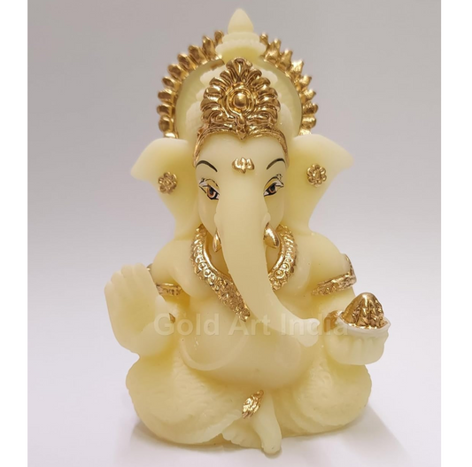 Gold Art India Resin Ivory Finish With Gold Color Ganesh Idol For Car Dashboard God Ganesha Idol For Home Decor Ganpati For Gift Car Dashboard, Office Desk, Home Decor, Gifting (Goldivorymukut 3.5")