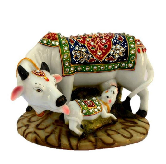 JIYANSH Creation Kamdhenu Cow and Calf Statue for Home Decor - Handcrafted Polyresin Marble Finish Vastu Showpiece for Living Room Pooja Mandir - Large 6 Inch (White Gold)