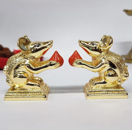 Gold Art India Gold-Plated Mushak (Mooshak) Mouse Pair with Modak | Orange Terracotta Finish | Mouse Idol | Vehicle (Vahana) of Lord Ganesha | 2.5 Inch Height | Mandir (Set of 2 pcs)