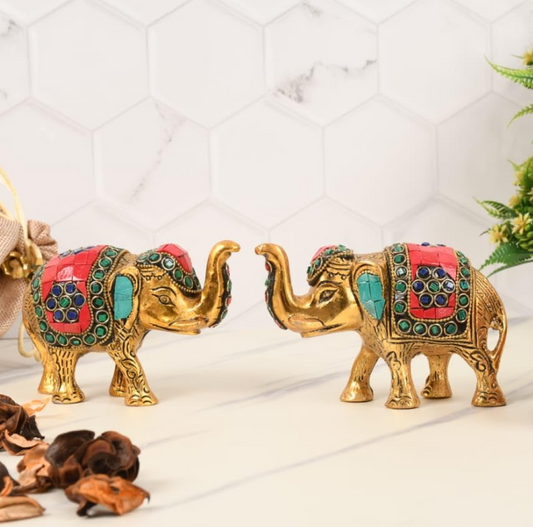 Kalakriti Multicoloured Stone Studded Metal Trunk-up Elephant Showpiece for Good Luck (Vaastu) | Pack of 2 | Decorative Elephant Statue Idol for Home Décor for Prosperity and Luck