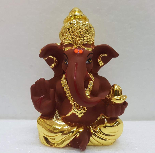 Gold Art India Gold Plated Mukut appu with Brown Terracotta/Car Dashboard Idol/Return Gift/Wedding Gift/Corporate Gift/Dashboard Ganesha
