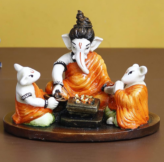 Lord Ganesha Doing Havan with 2 Mushaks Colorful Handcrafted Decorative Figurine, Orange, One Size (MSGG661)