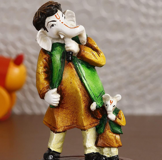 Handcrafted Polyresin Lord Ganesha Idol Singing With Mushak Statue Decorative Showpiece Perfect For Music Lovers, Home Decor, Living Room, Office Desk, Pooja Room- Gift For Hindu Festivals