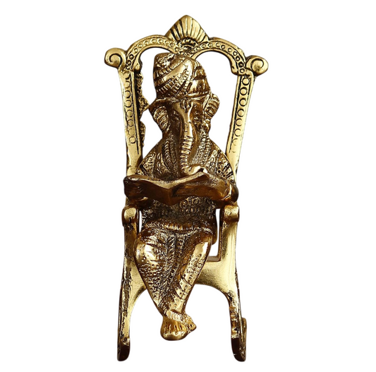 Golden Metal Lord Ganesha Idol Reading Book On Rocking Chair - Decorative Hindu God Statue for Home Decor - Gift for Diwali, Housewarming - Ideal for Living Room, Office, Study Areas