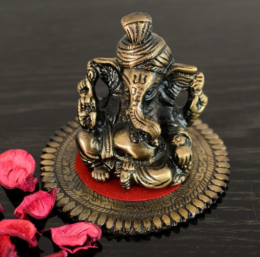 Pagdi Metal Lord Ganesha on Round Base (10.2 cm x 10.2 cm x 7.6 cm, Brown)