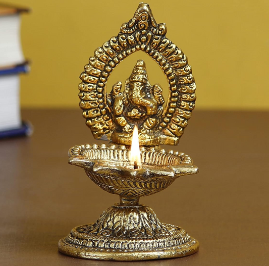 Golden Metal Handcrafted Lord Ganesha Idol 5 Wicks Decorative Diya for Diwali Housewarming Ganesh Chaturthi - Diya for Puja Room, Home Temple Decor - Diwali Decoration Item for Home Decor