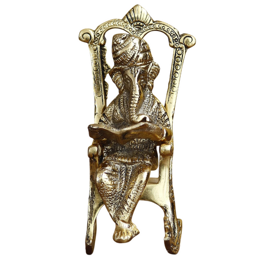 Golden Metal Lord Ganesha Idol Reading Book On Rocking Chair - Decorative Hindu God Statue for Home Decor - Gift for Diwali, Housewarming - Ideal for Living Room, Office, Study Areas
