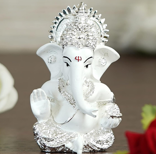 Silver Plated White Polyresin Lord Ganesha Idol for Home, Temple and Office - Perfect God Idol for Diwali, Ganesh Chaturthi, and Hindu Festivals, Ideal for Gift Giving