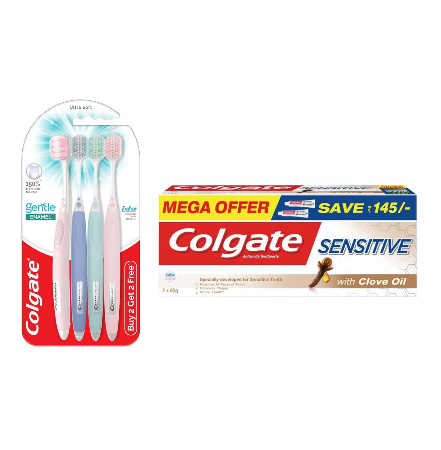 Colgate Gentle Enamel Ultra Soft Bristles Manual Toothbrush For Adults, 4 Pcs & Sensitive Toothpaste With Clove Oil, For Sensitivity Relief, 160G, Assorted