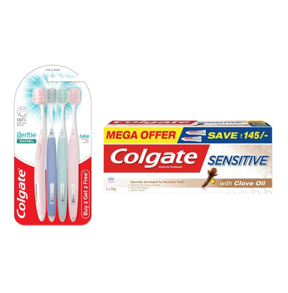 Colgate Gentle Enamel Ultra Soft Bristles Manual Toothbrush For Adults, 4 Pcs & Sensitive Toothpaste With Clove Oil, For Sensitivity Relief, 160G, Assorted