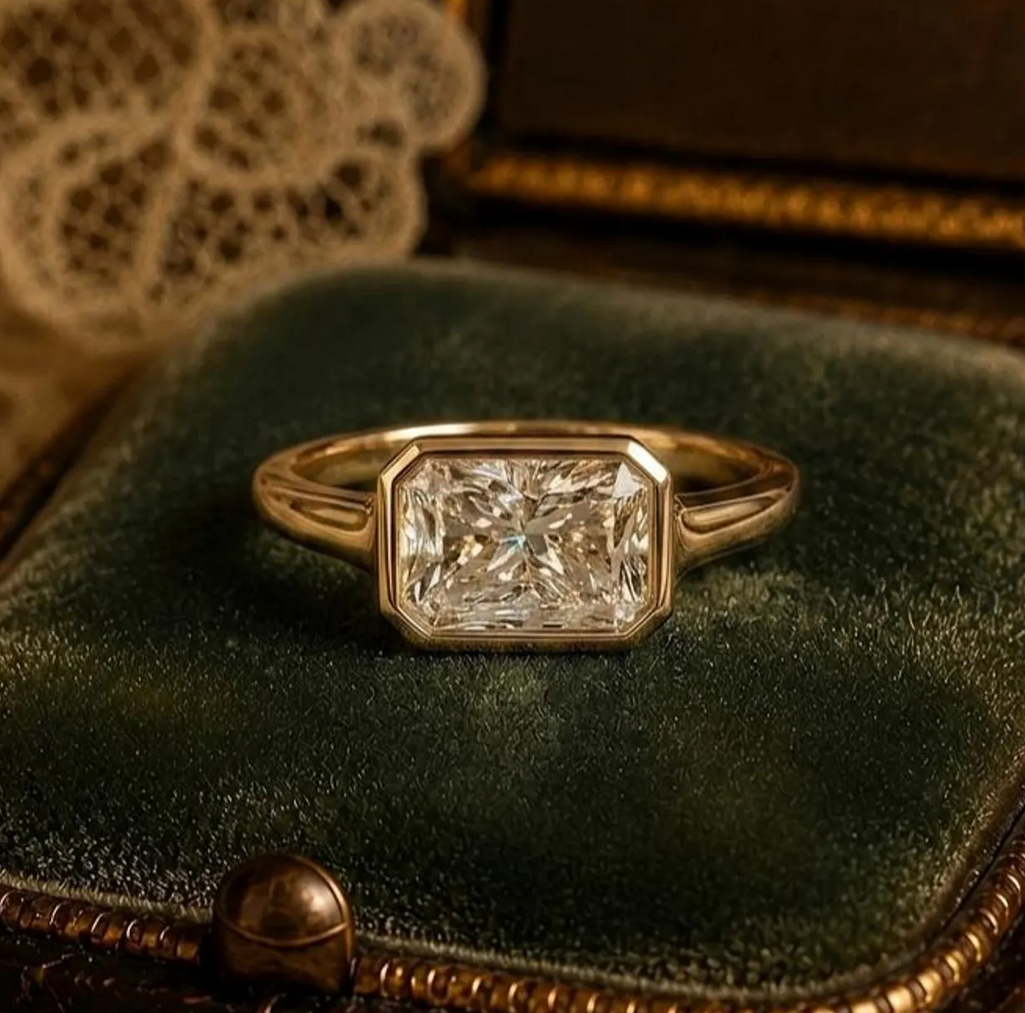 East West Radiant Cut Moissanite Engagement Ring, Bezel Set Radiant Moissanite Ring, 14K Yellow Gold ,Vintage Style Solitaire Luxury Ring