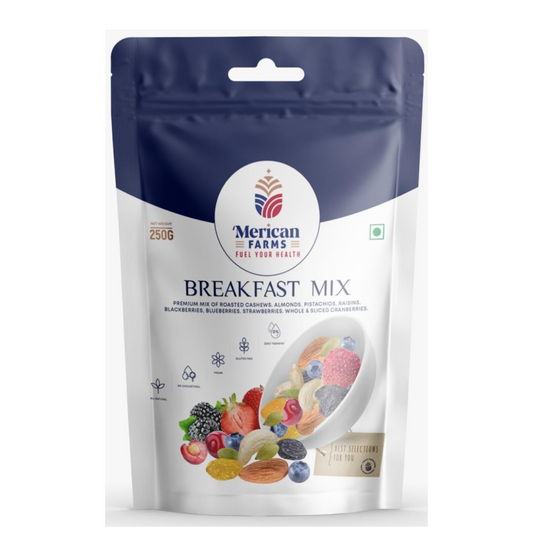 Merican Farms Breakfast Mix 250gm with Healthy Mixed Nuts with Dry Fruits, Premium Fiber SuperMix, Fresh and Perfectly Balanced Mix Dry Fruits Pack,Anytime Snacking Berries