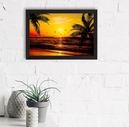 Flying Birds During Sunrise Beach View Painting Digital Printed Wall Art - Coastal Home Decor For Living Room, Bedroom, Office - Gift For Nature Enthusiasts, Family, Friends, Birthday