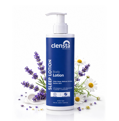 Clensta Sleep Lotion with 0.3% Melatonin & 10% Magnesium | Lavender & Chamomile Oil For Deep & Restful Sleep | Relaxes Muscle, Post workout & Reduces Signs of Aging | 250 ml