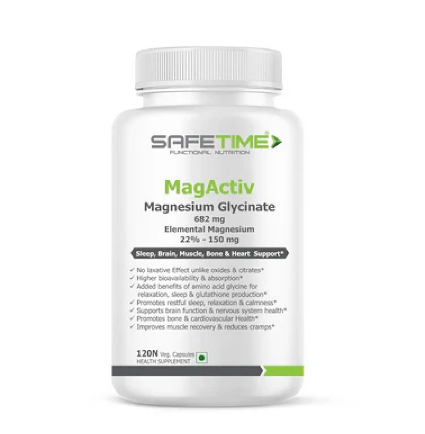 MagActiv MAGNESIUM GLYCINATE (Elemental Magnesium 150 mg per Capsule) Chelated, Bioavailable & Safe Sleep, Bone, Muscle, Heart Health (120 Veg. Capsules)