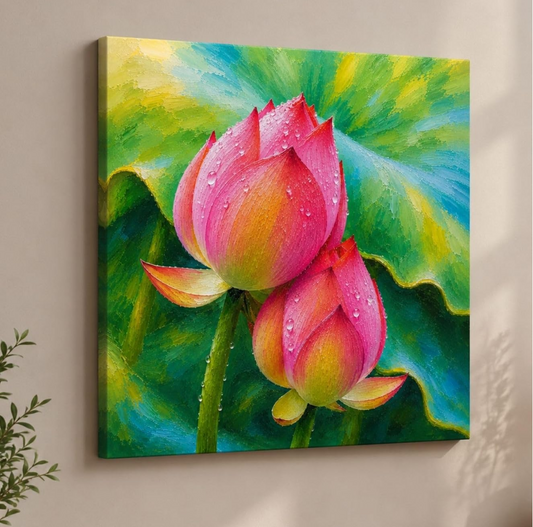 Lotus Flower Painting for Wall Vastu (15+ DESIGNS) Framed Lotus Canvas Painting for Living Room, Bedroom | Nature Floral Wall Art with Multiple Design Variations (Dark Pink Lotus, 18x18 Inch, Framed)