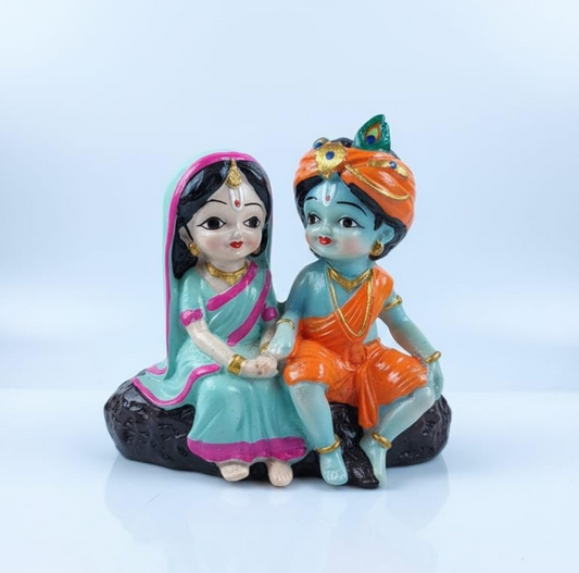 Radha Krishna Idol, Decorative Figurine, Multicolor, Sitting Pose, Hindu Religious Decor