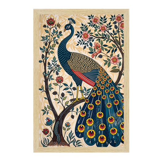 Peacock Painting For Wall Vastu with Frame for Home Decoration, Madhubani Painting for Living Room, 12.0 X 18.0 inches, Set Of 1